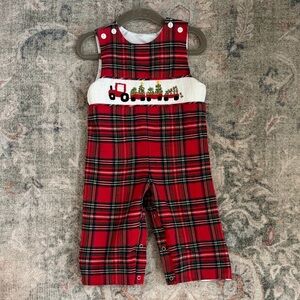 Plaid Kids Overalls with Embroidered Train